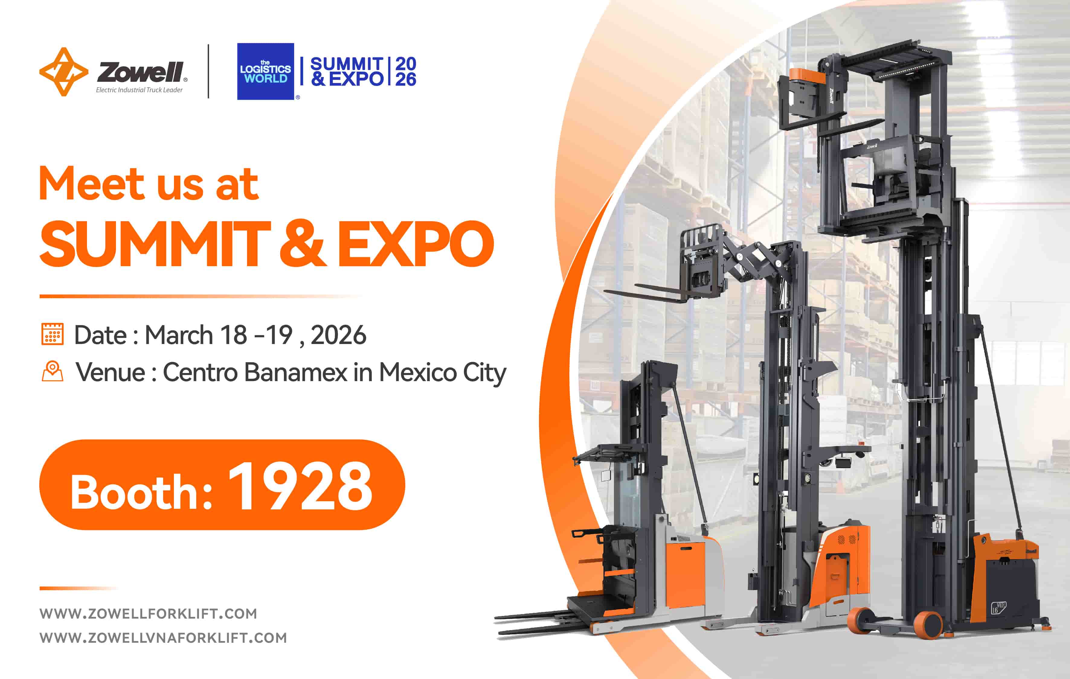 Empilhadeira elétrica industrial Zowell na SUMMIT & EXPO 2026 na Cidade do México.
